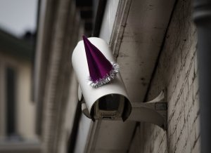 Surveillance camera donning hat in celebration of Orwell birthday 